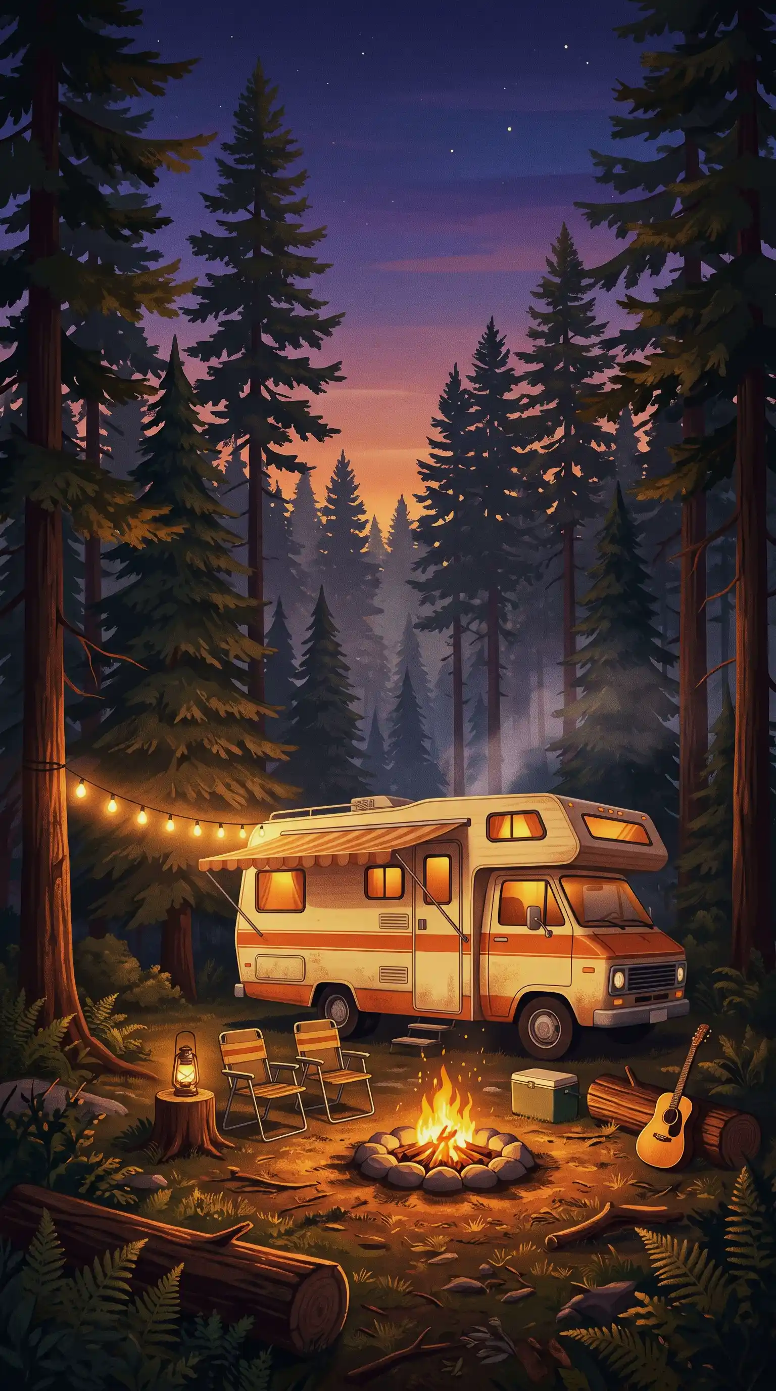 Retro camper beside a glowing campfire in a forest