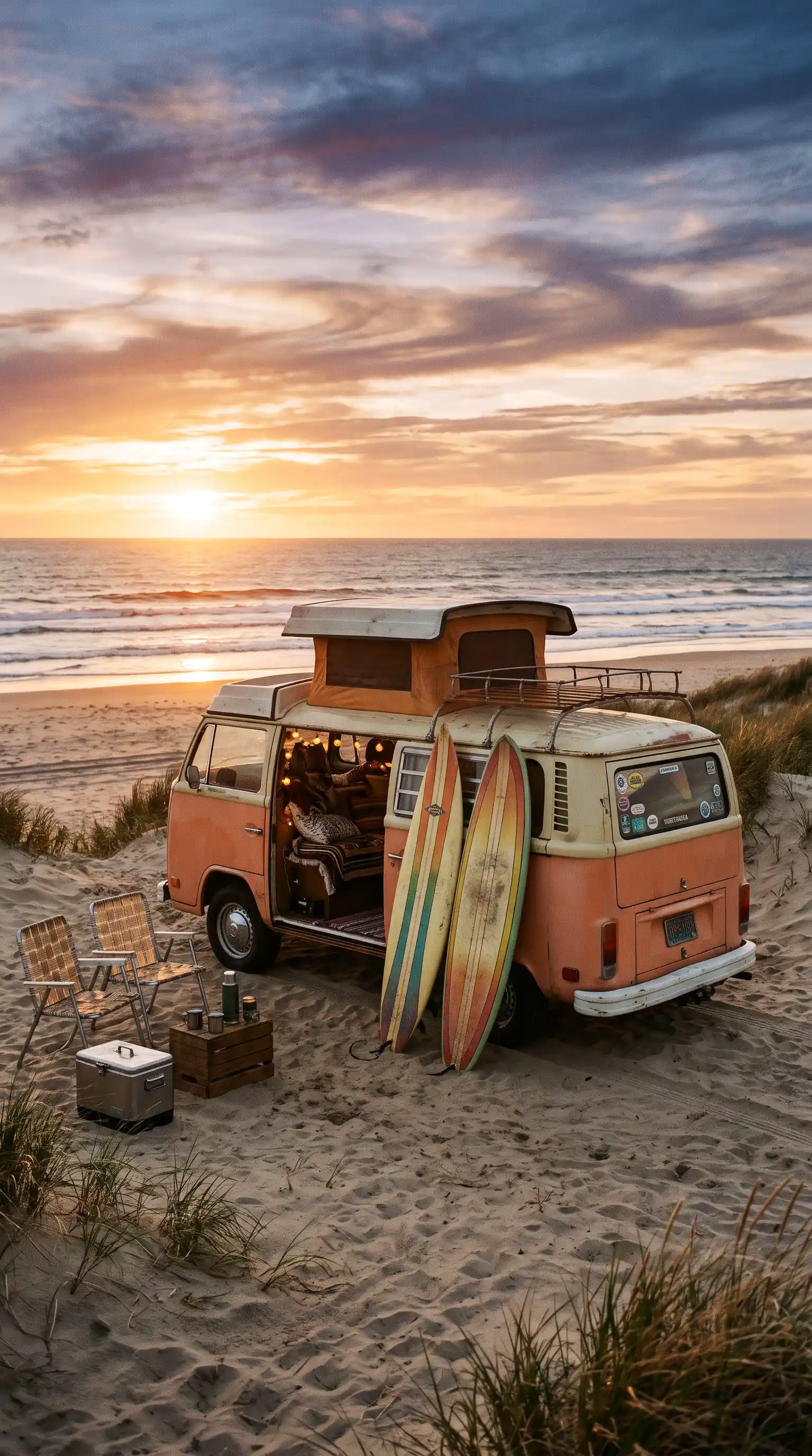 Vintage 1970s camper van parked beside a sunset beach